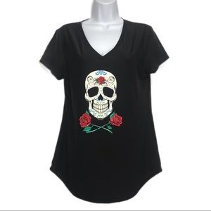 No Boundaries Sugar Skull and Roses size Large cap sleeve black T-shirt